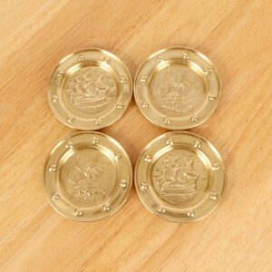 4 small plates / dishes / trays || Vintage solid brass || Ship and Welsh lady design || Set of four / 2 pairs