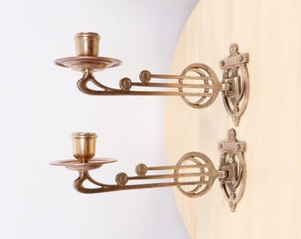 Pair Vintage Brass Wall Candle Sconces Swing Arm Holders Art Deco Style Piano Candle Holders Solid Brass Home Decor