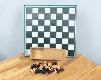 Vintage Wood Chess pieces and Cardboard  Board || Board marked - Spear's games Made in England || The wooden  box  marked - Made in France