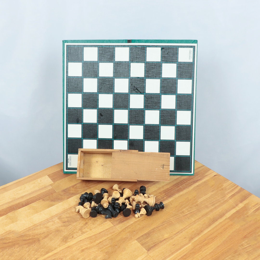 Vintage Wood Chess pieces and Cardboard  Board || Board marked - Spear's games Made in England || The wooden  box  marked - Made in France