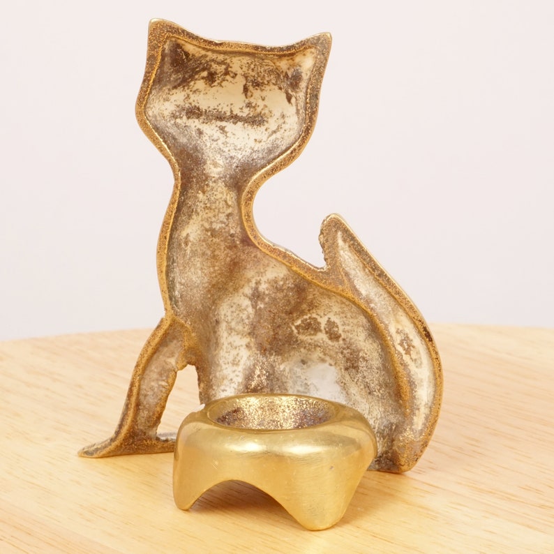 Kitten Vintage Solid Brass Smiling Cat Figurine candle holder Ashtray Home decor