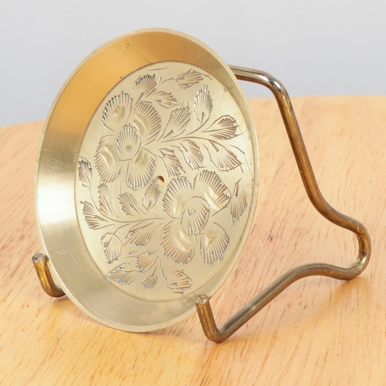 7.5 cm plate  tray Marked |Vintage solid brass INDIA  Made in India Handmade engraved floral design
