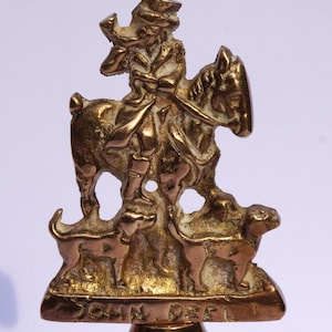 Vintage solid brass desk bell || Decorative handle with hunter riding the horse and three dogs || John Deel