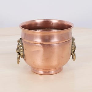 Puede incluir: Una maceta redonda de cobre con un acabado liso y pulido y un borde acampanado. El recipiente presenta dos adornos de latón en forma de cabeza de león en los lados opuestos, cada uno con una pequeña asa circular, sobre una base redondeada.