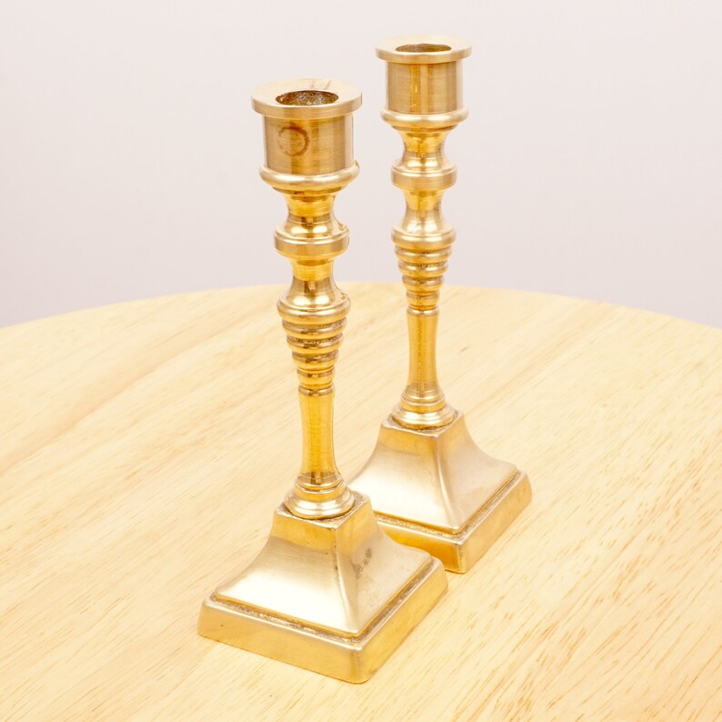 Vintage Small Solid Brass Candle Holder Pair 2 Candlestick Holders Square Base Home Decor Home Living