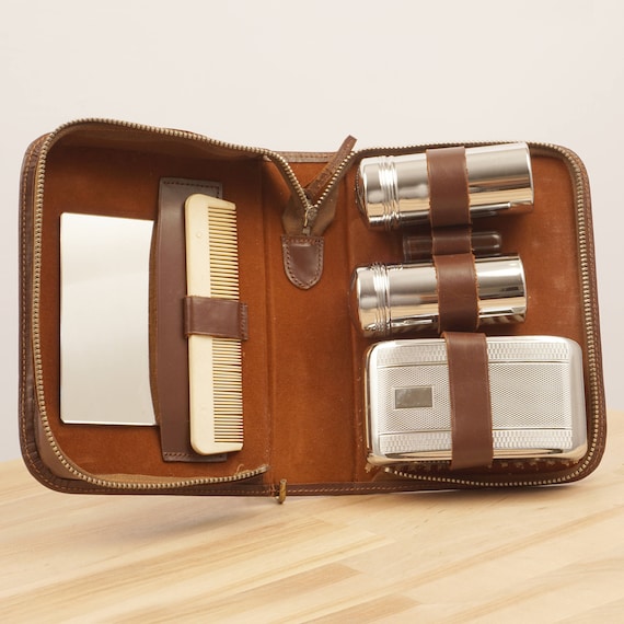 Trousse De Toilette De Voyage Vintage En Cuir – Marron – Zip – Style Rétro