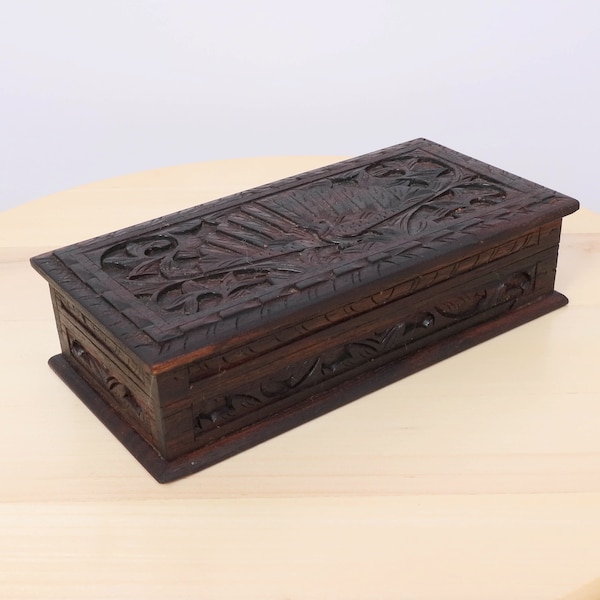 Wood box || Dark brown wood || Handmade carved floral and peacock design || Vintage wood box