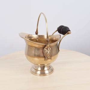 Puede incluir: Un antiguo cubeta de carbón de latón con asa y un emblema decorativo de cabeza de león. La cubeta tiene un asa de madera negra y un pico curvo. El latón tiene un cálido tono dorado.