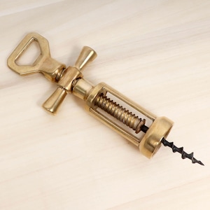 Vintage Brass Corkscrew – Heavy Solid Metal Bottle Opener with Wing Handle – Barware Collectible