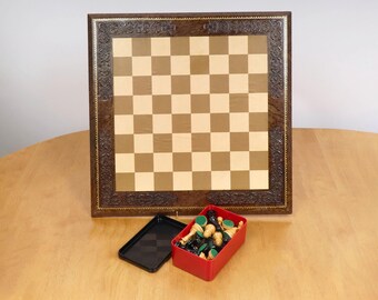 Vintage Faux Leather Chess Set with Wooden Base – Includes Boxed Plastic Chess Pieces – Classic Decorative Game Board