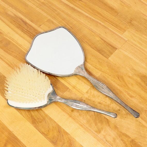 Grooming Set - Brush and Mirror / Vanity set / Art deco Style Delina || Vintage || Marked Silver Plated Made in England