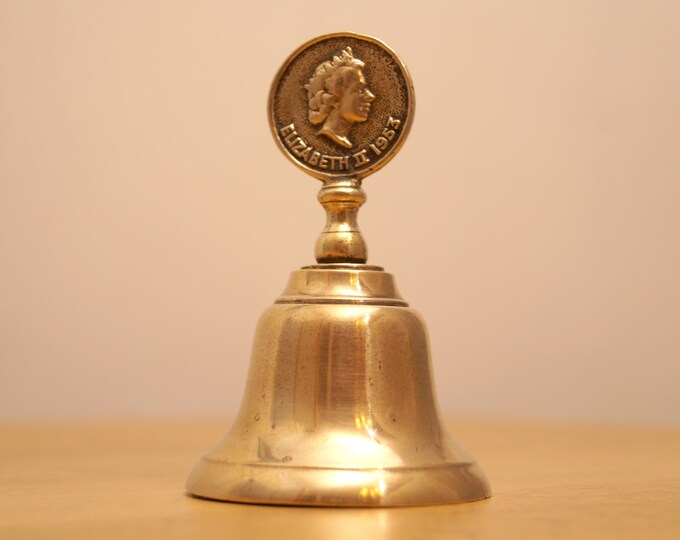 X1vintage Brass Large Desk Bell Coronation of Elizabeth II 1953 on the