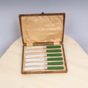 Könnte beinhalten: Ein Set aus sechs Buttermessern mit silbernen Klingen und grünen Griffen, präsentiert in einem Vintage-braunen Etui mit hellbraunem Innenraum. Die Messer sind ordentlich im Etui angeordnet.