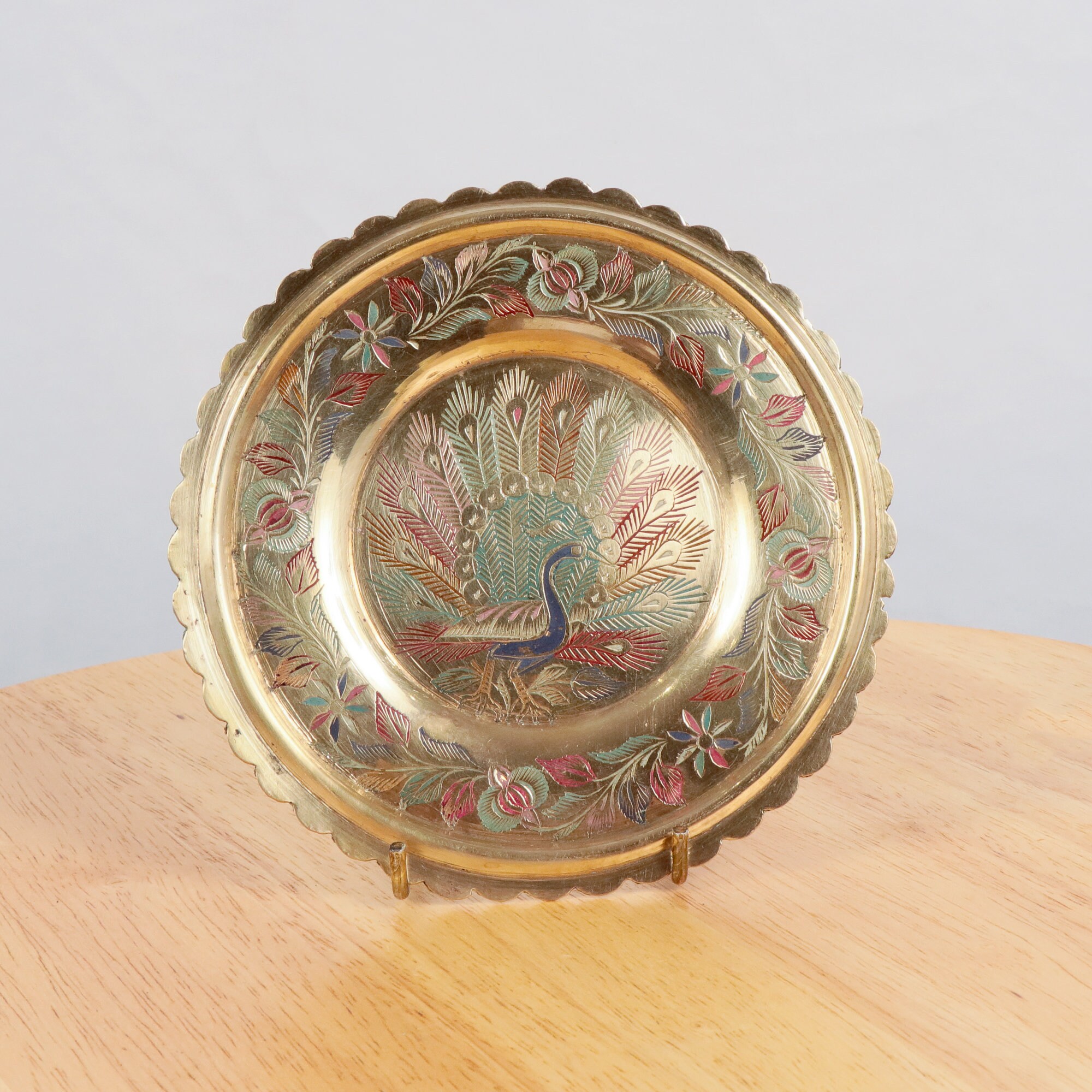 Image of 15 cm Plate/Small Tray || Floral Design Picture Of A Peacock Hand Made Engraved Ornaments Filled With Blue, Red & Green Enamel