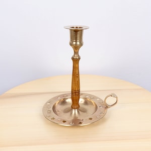 Candle holder / candlestick holder || Vintage Solid brass and wood candle holder || With a handle and star design  on the plate