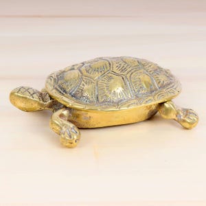 Puede incluir: Una caja de chucherías de tortuga de latón con un diseño de caparazón detallado. La tortuga está tumbada boca abajo con las patas extendidas.