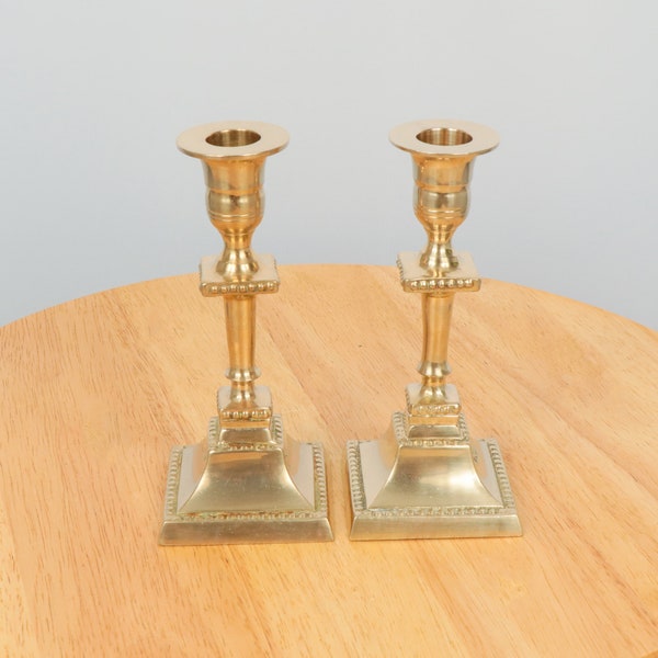 2 Candlestick holders / candle holder || Rectangular base || Vintage solid brass || Set of two / pair || Marked - Handmade Malm