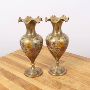 2 vases || handmade engraved floral ornaments || It has pink, yellow, light blue, white, green, red and brown enamel || vintage solid brass