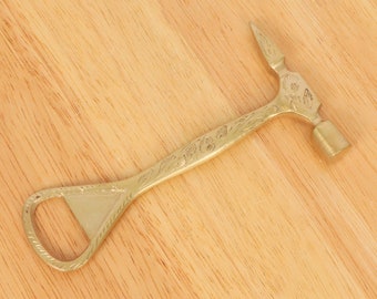 Bottle opener &  hammer || Vintage solid brass || Handmade engraved floral ornaments || Marked - India 2011J