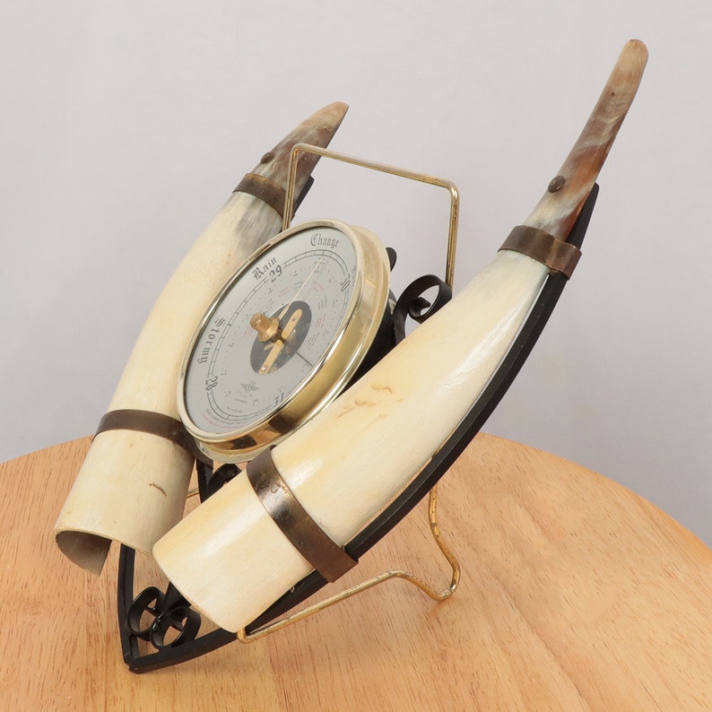 Vintage Horn Wall-Hanging Cow Horn Barometer Weather Station Made in England Shortland SB Brass Glass and Metal