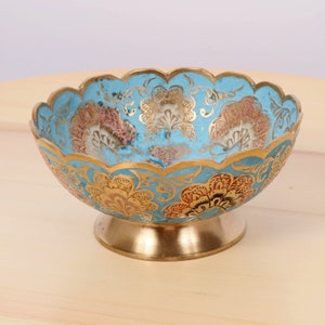 Bowl / tray / plate / dish || Vintage Solid Brass || Light blue, red, black Enamel