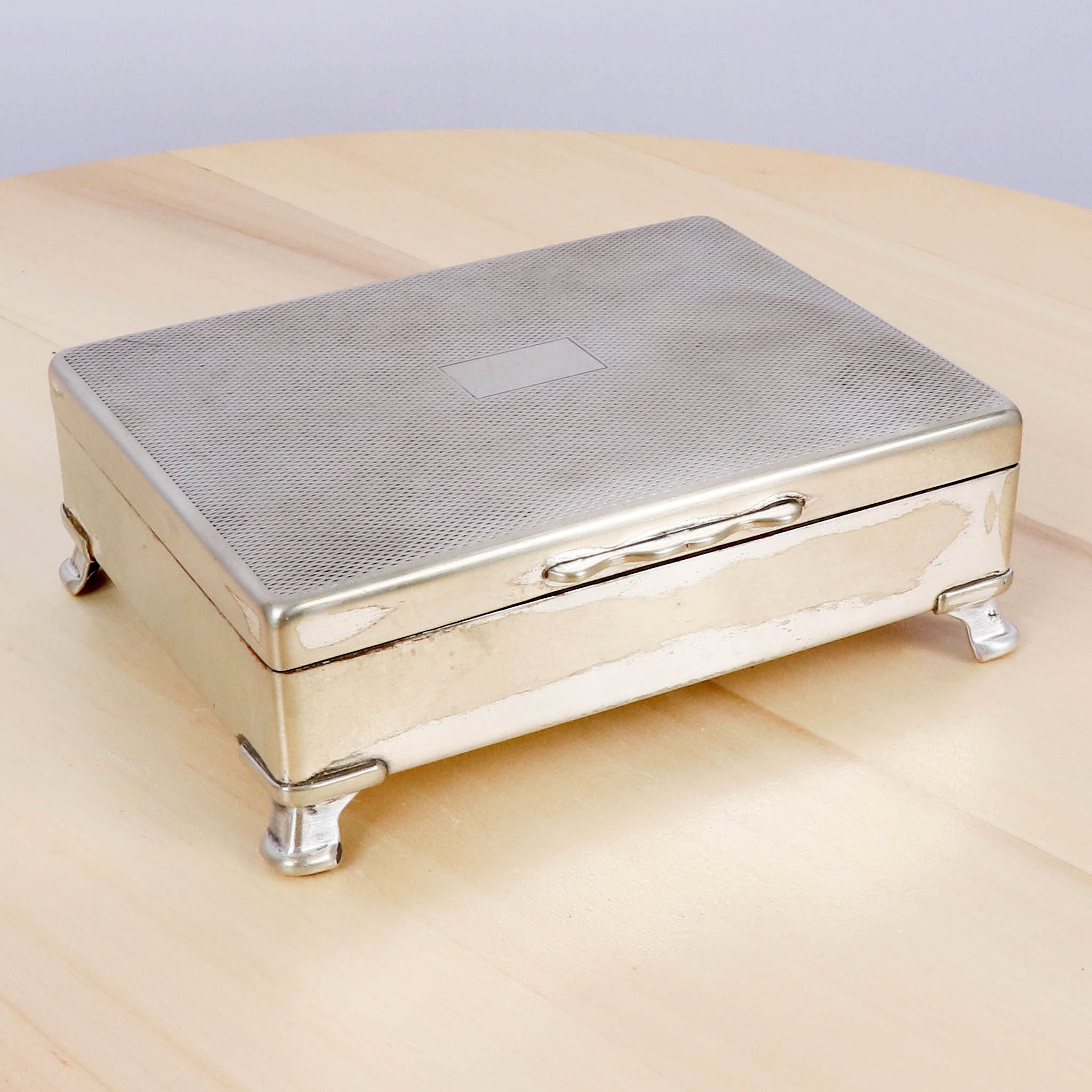Aristocrat H.B. EPNS Silver Plated on Brass Box with wooden linning ||  Hinged Lid Elevated om four legs ||| Simple design || Made in England
