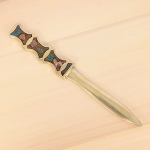 Envelope knife / paper knife / letter opener || Vintage solid brass stone and enamel