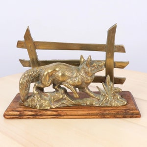 Porte-lettres/Enveloppes/Porte-cartes de visite || Motif renard || laiton massif vintage et bois || Porte-lettres Fox sur support en bois