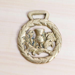 Può includere: Un'antica decorazione in ottone per cavalli con un disegno di cardo all'interno di una corona d'alloro. L'ottone ha un anello nella parte superiore per appenderlo e mostra segni di usura. Il cardo è un simbolo della Scozia. Misura circa 8 cm di diametro.