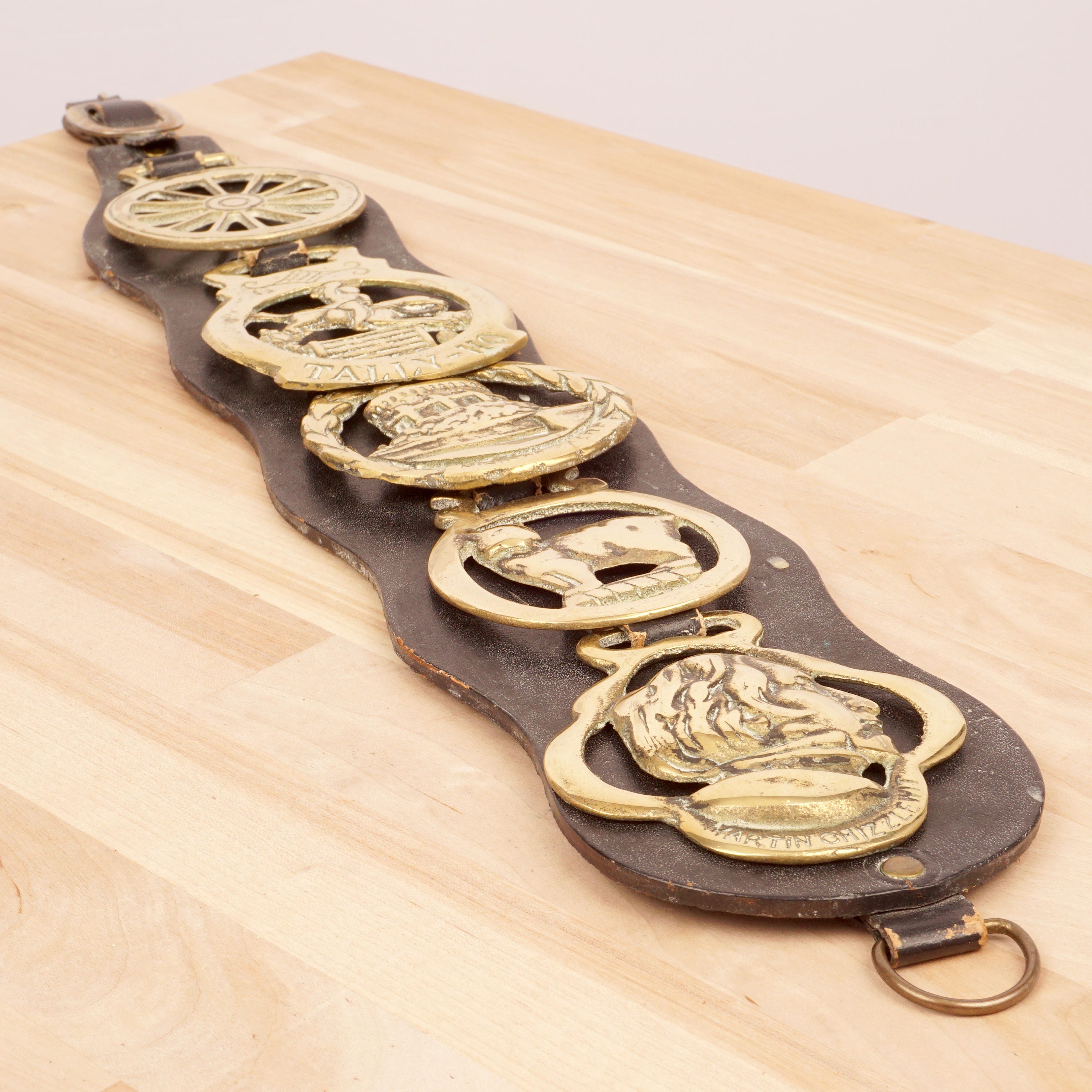 5 Horse Brasses on Leather Belt vintage solid brass Etsy