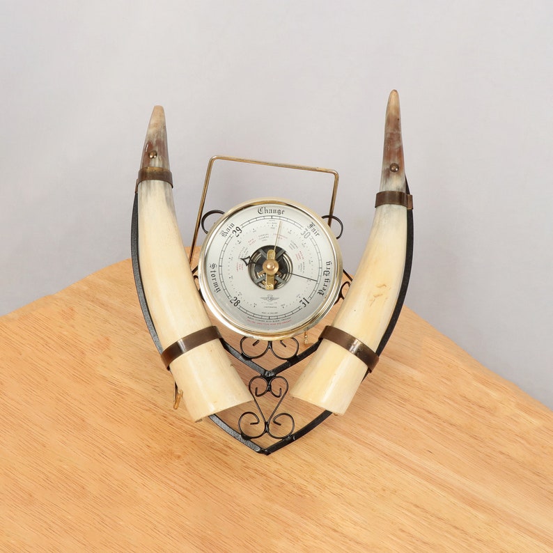 Vintage Horn Wall-Hanging Cow Horn Barometer Weather Station Made in England  Shortland SB Brass Glass and Metal