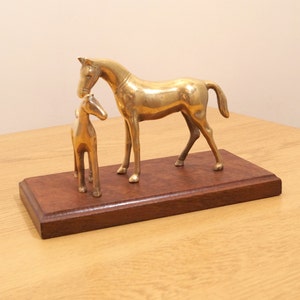 Solid brass vintage sculpture of two Horses || Bras figurines on wooden base || Made in Taiwan
