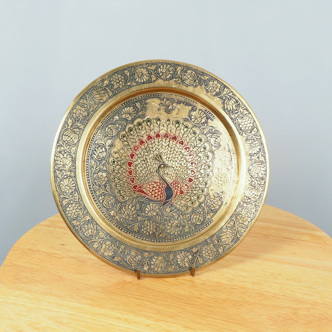 24-cm-tablett-teller-mit-pfau-in-der-mitte-und-blumenmuster-vintage