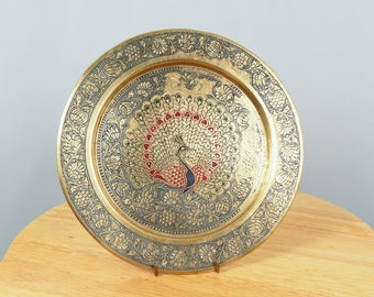 24 cm Tray / Plate with peacock in the middle and floral design || Vintage Solid Brass and enamel || red, green, black and blue enamel