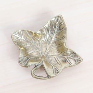 Op de afbeelding: Een kleine, messingkleurige, bladvormige schaal. De schaal heeft gedetailleerde aderen en een gekrulde steel. Het oppervlak heeft een licht verouderd uiterlijk. De schaal wordt waarschijnlijk gebruikt voor het vasthouden van kleine voorwerpen.