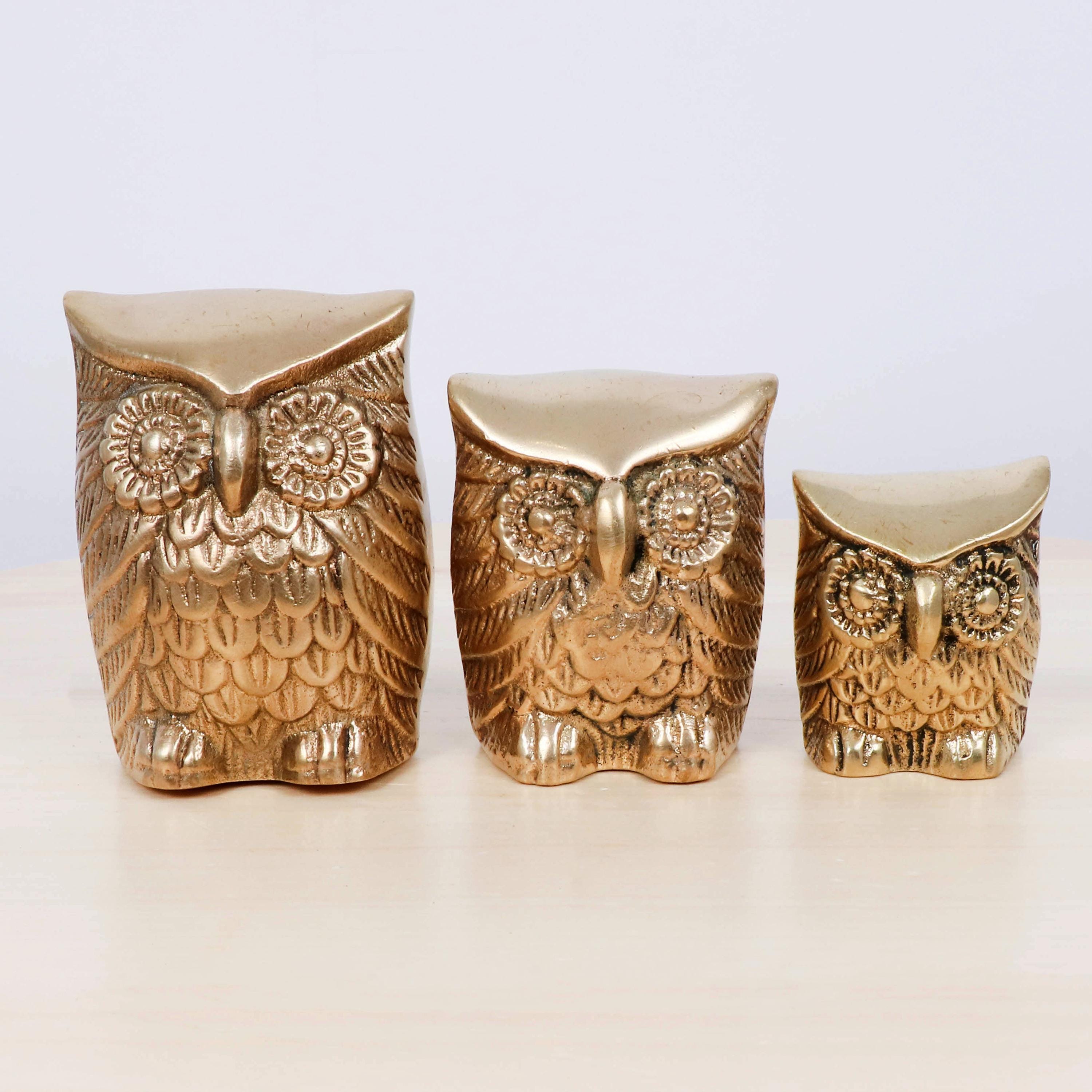 Vintage Set of 3 Solid Brass Owl Figurines, Brass Owl Family Statues, Mid Century Modern Bird Decor,