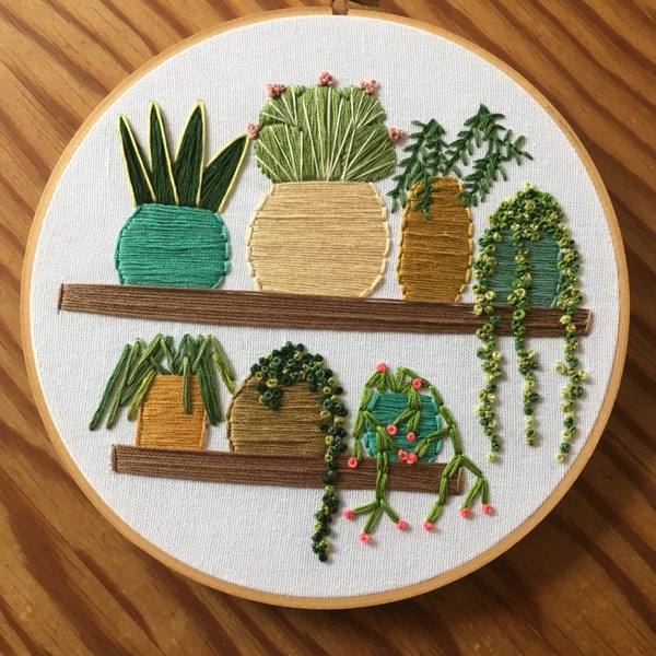 Succulents and cacti on wooden shelves embroidery , embroidery art , hoop art , cactus art , cactus wall art