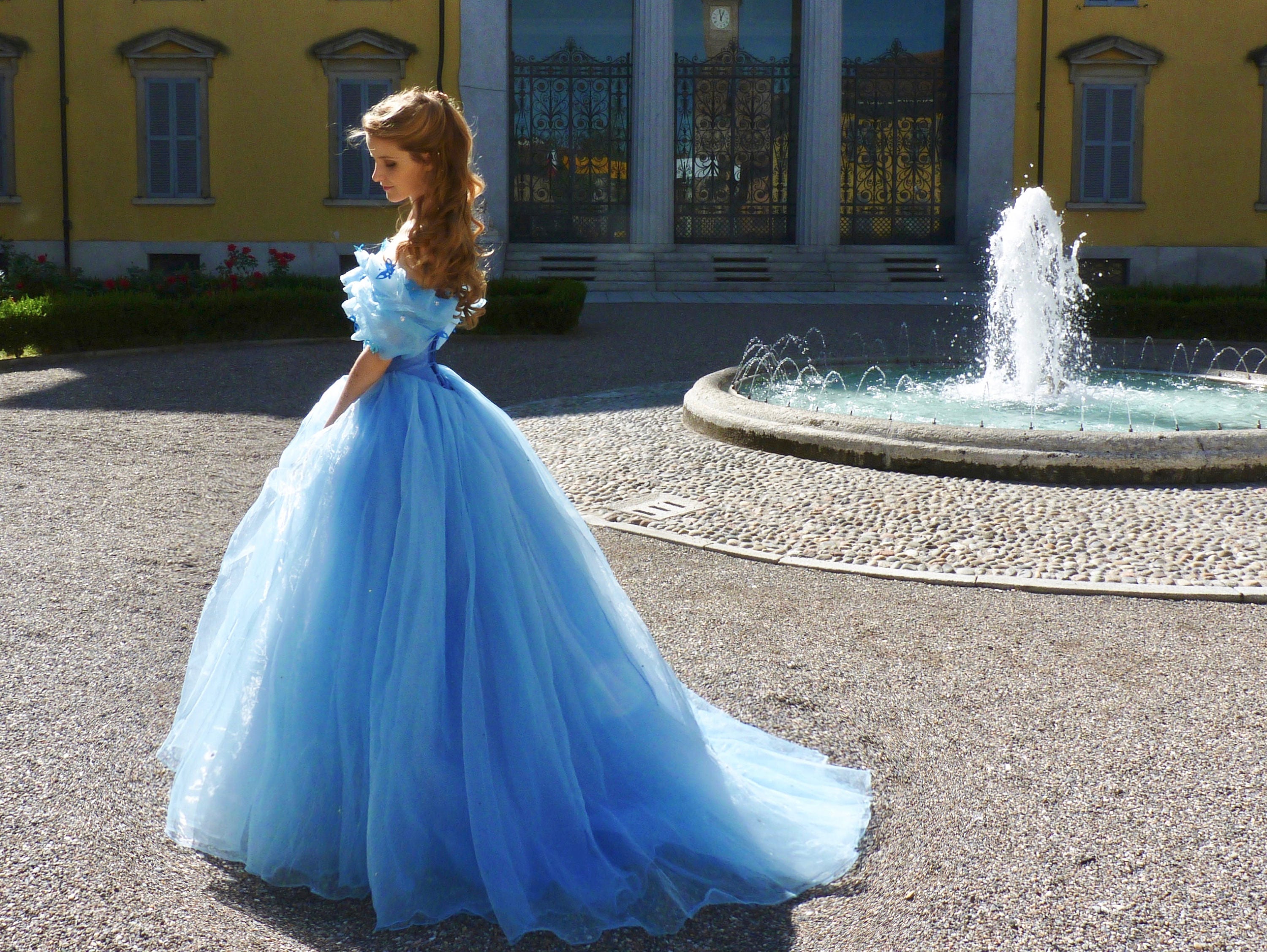 Meninas azul cinderela vestido de verão puff manga bordado vestidos de  flores para meninas princesa fantasiar
