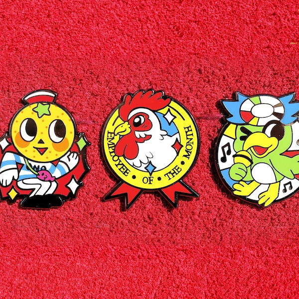 Yakuza mascots enamel pins: Ono Michio, Nugget/Omelette, Kara Kappa