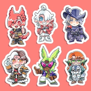May include: Set of six cartoon character stickers. Each sticker features a unique character design with vibrant colors and detailed artwork. The characters are depicted in various poses and outfits, with a pink background.