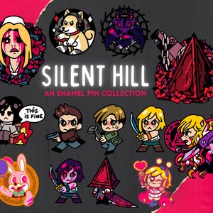 May include: A set of 11 enamel pins featuring characters and symbols from the Silent Hill video game series. The pins are colorful and feature a variety of designs, including a pyramid, a monster, and a character holding a knife. The text "Silent Hill" and "An Enamel Pin Collection" is displayed at the top of the image.