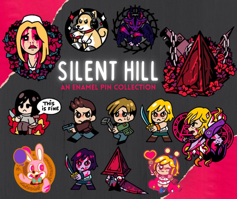 May include: A set of 11 enamel pins featuring characters and symbols from the Silent Hill video game series. The pins are colorful and feature a variety of designs, including a pyramid, a monster, and a character holding a knife. The text "Silent Hill" and "An Enamel Pin Collection" is displayed at the top of the image.