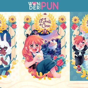 Puede incluir: Tres ilustraciones coloridas de una portada de libro con el título "El Jardín de Cerezo" y un número 0, 1 y 2. Cada ilustración presenta un personaje diferente en un entorno de jardín.