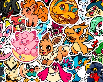 May include: A collection of colorful vinyl stickers featuring various cartoon creatures with distinct designs, including a pink creature on a yellow crescent moon, an orange dragon, a brown fox-like character, and a circular postal service emblem.