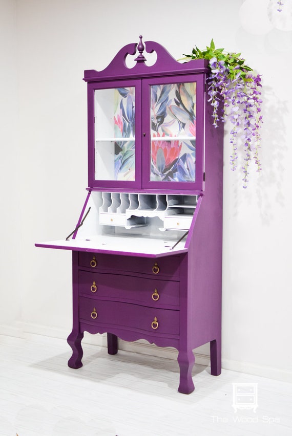Sold Purple And Fl Vintage Secretary Desk With Hutch Vintage Secretary Desk With Hutch