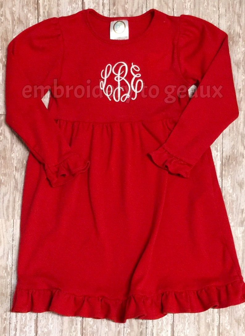 Monogrammed Girl's Ruffle Dress, Girls Christmas Dress, Girls Holiday Dress, Toddler Girls Holiday Dress image 2