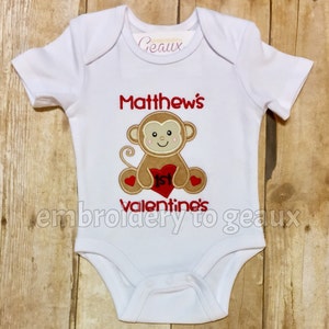 My First Valentine&#39;s Day Bodysuit, Baby&#39;s First Valentines Shirt, Valentine&#39;s Day Shirt, Monkey Valentine Bodysuit, Baby Boy Valentines Day