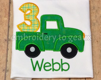 Pickup Truck Birthday Truck, Green Truck Birthday Shirt, Boys Third Birthday Shirt, Birthday T-Shirt Boy, Personalized Birthday Shirt