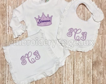 Lavendar Princess Newborn Baby Gift Set with Monogrammed Bodysuit, Burp Cloth and Bib