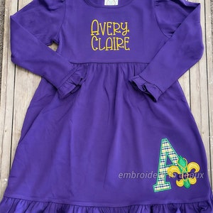 Personalized Girl&#39;s Mardi Gras Alphabet Ruffle Dress, Girls Mardi Gras Dress, Toddler Girls Mardi Gras, Mardi Gras Fleur de Lis Dress